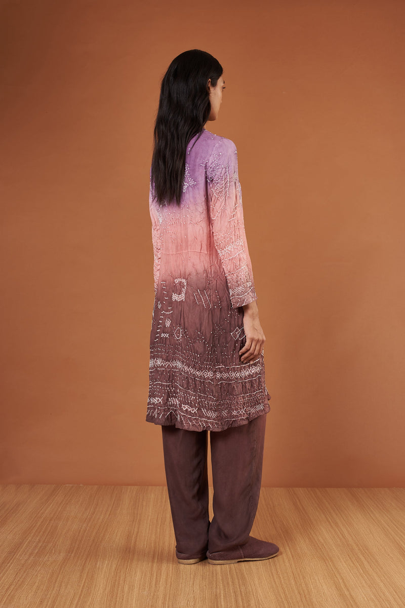 Multi Coloured Dip Dyed Textured Bandhani Silk Dress