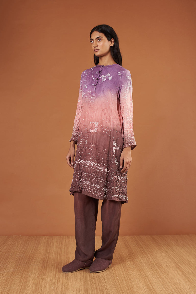 Multi Coloured Dip Dyed Textured Bandhani Silk Dress