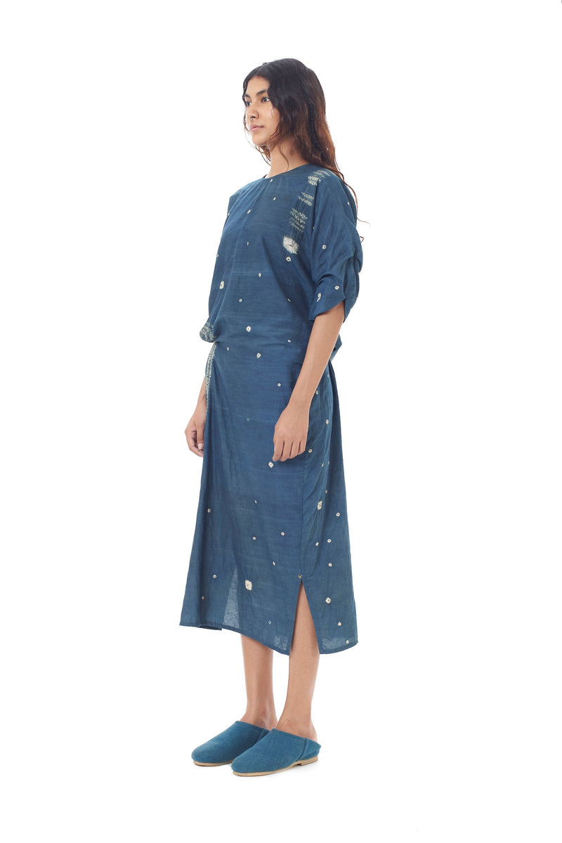 TURQUOISE COTTON SILK DRAPE DRESS CRAFTED WITH AN OVER ALL SHIBORI PATTERN