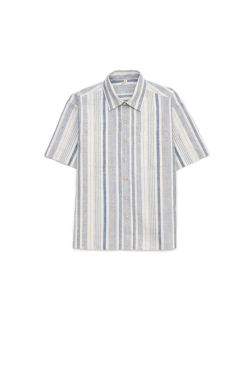 Ungendered Half-Sleeve Organic Cotton Summer Shirt In Yarn-Dyed Indigo Stripes