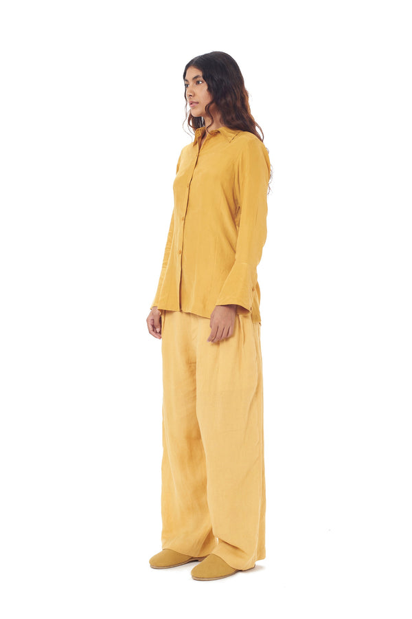 OCHRE YELLOW SLIM FIT SILK SHIRT WITH HAND EMBROIDERED DETAILS