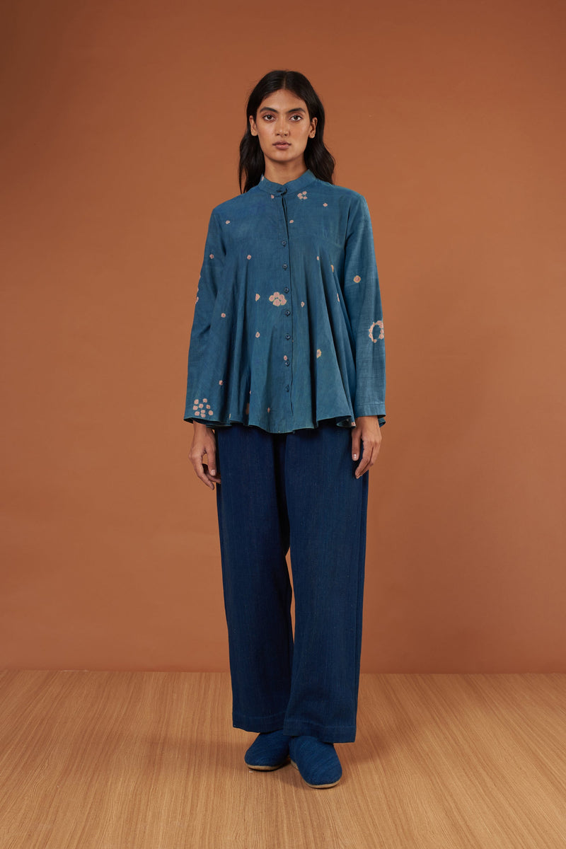 Turquoise Dyed Flared Top In Silk
