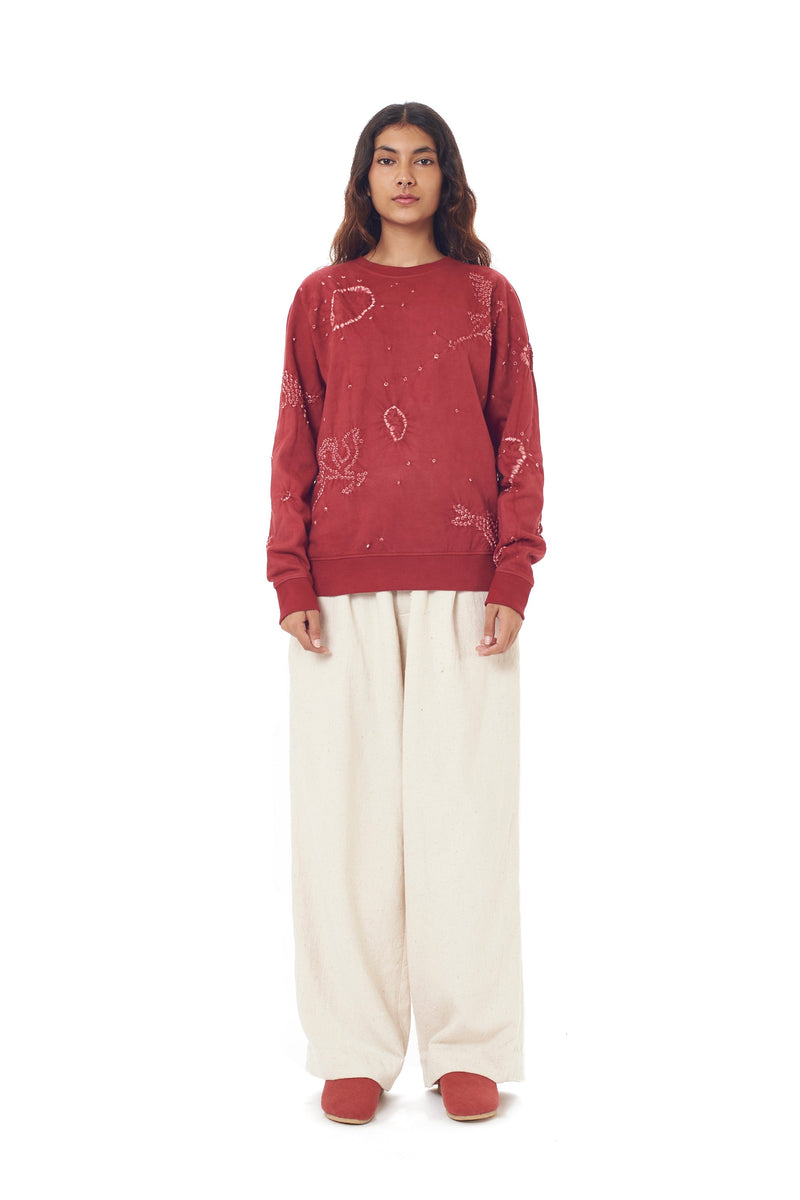 Crimson Pink Organic Cotton Sweatshirt Crafted With All-Over Bandhani Motifs