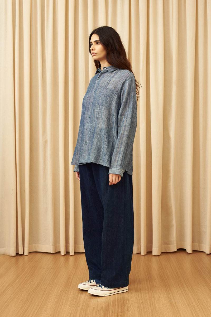 INDIGO COTTON LINEN SPREAD COLLAR SHIRT