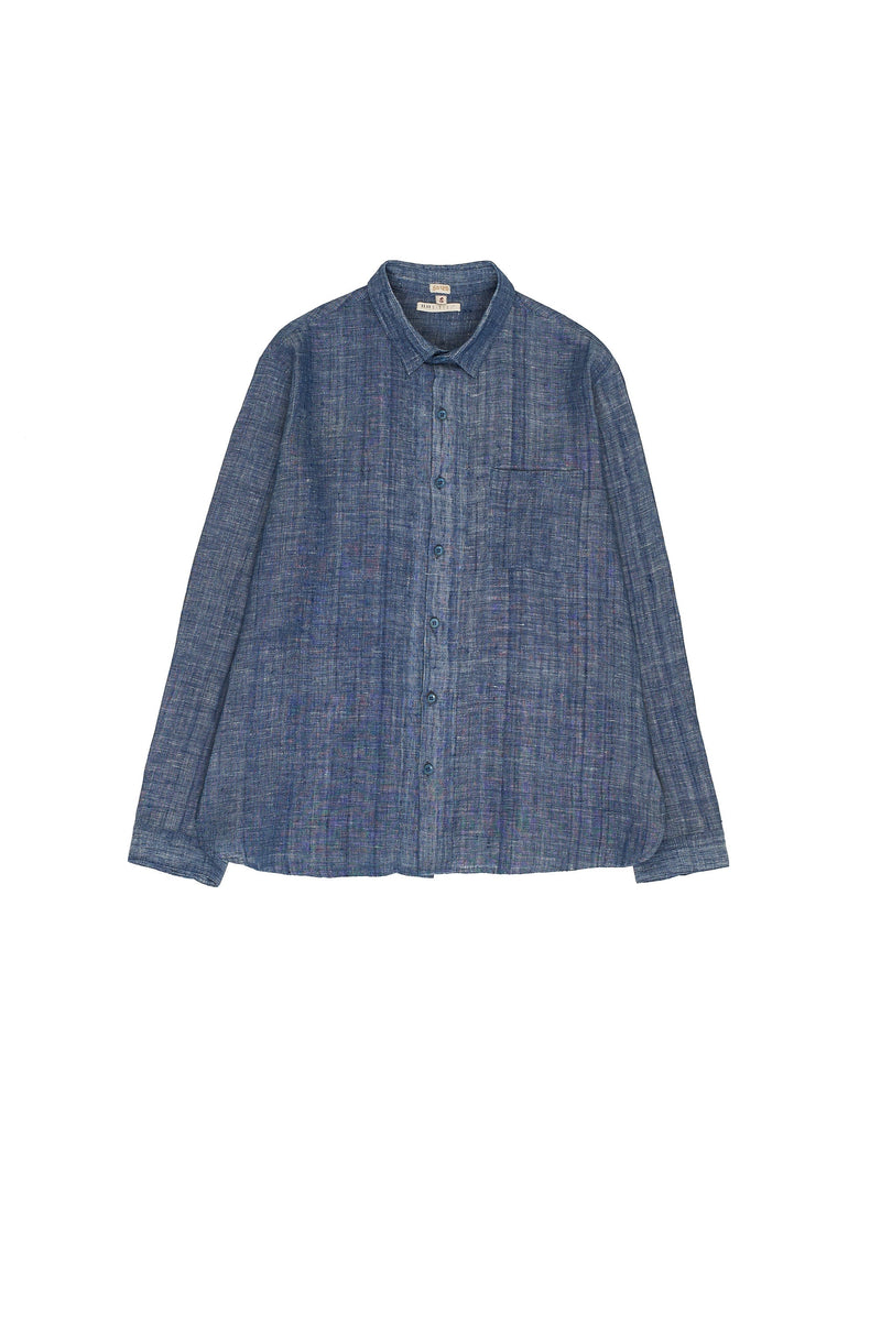 INDIGO COTTON LINEN SPREAD COLLAR SHIRT