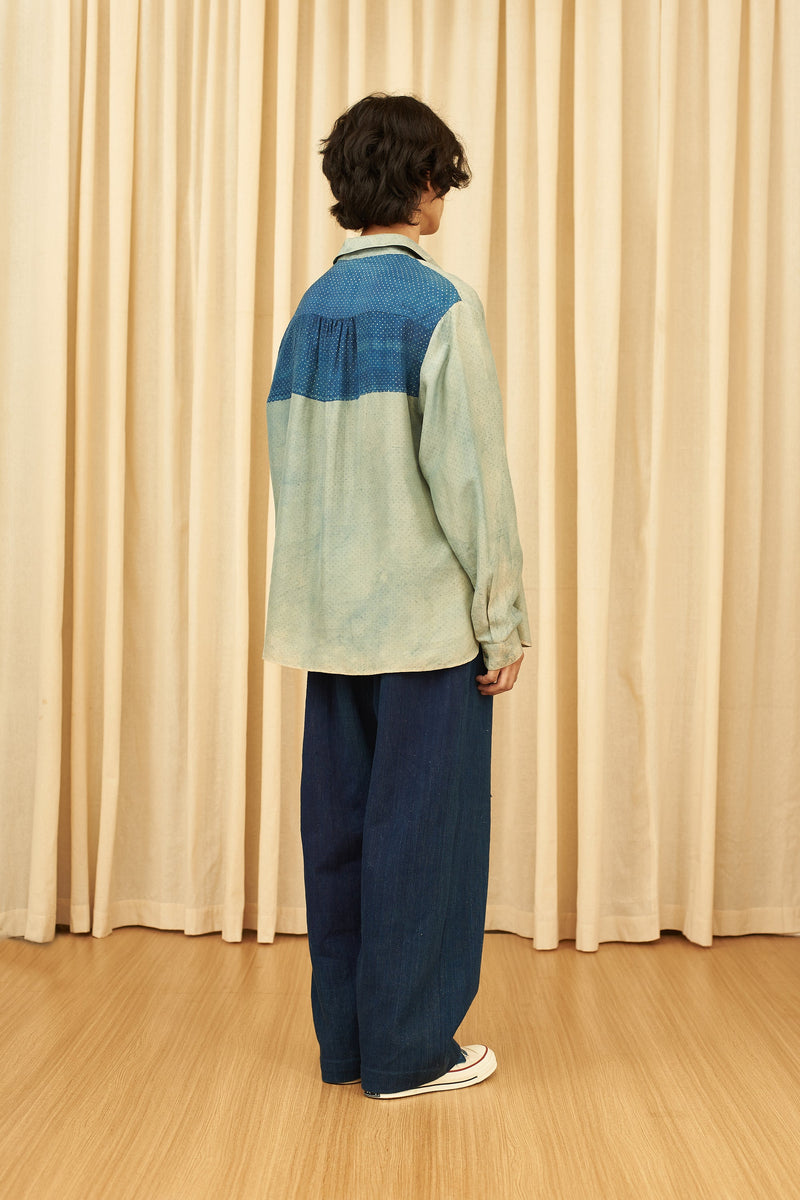 INDIGO BLOCK PRINTED SOFT SILK SHIRT