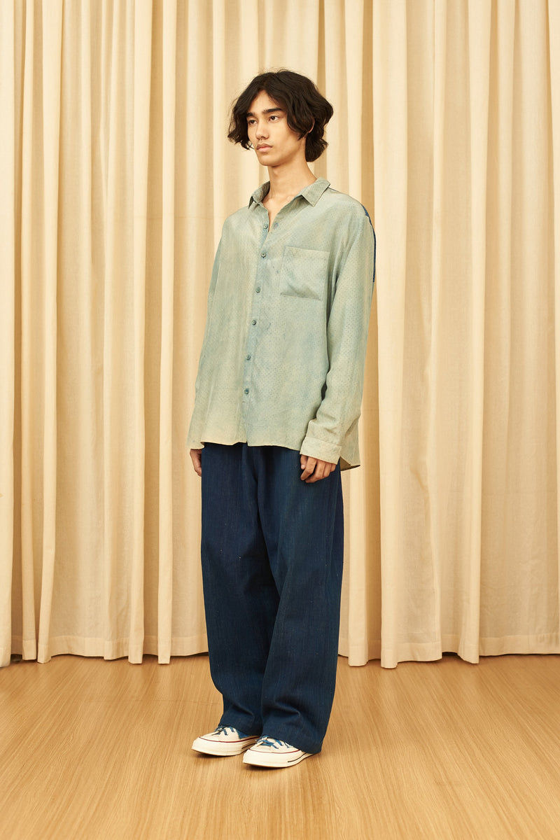 INDIGO BLOCK PRINTED SOFT SILK SHIRT