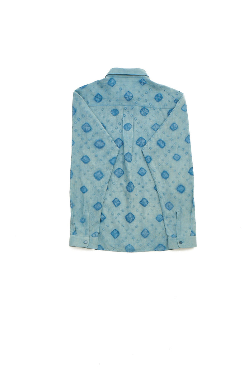 UNGENDERED LIGHT INDIGO ORGANIC COTTON CHECKS SPREAD COLLAR SHIRT AMPLIFIED WITH BANDHANI