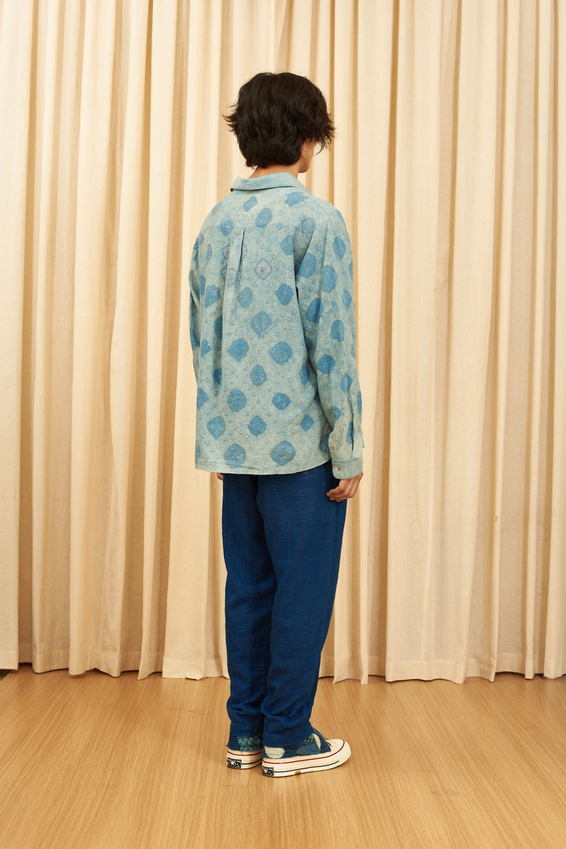 UNGENDERED LIGHT INDIGO ORGANIC COTTON CHECKS SPREAD COLLAR SHIRT AMPLIFIED WITH BANDHANI