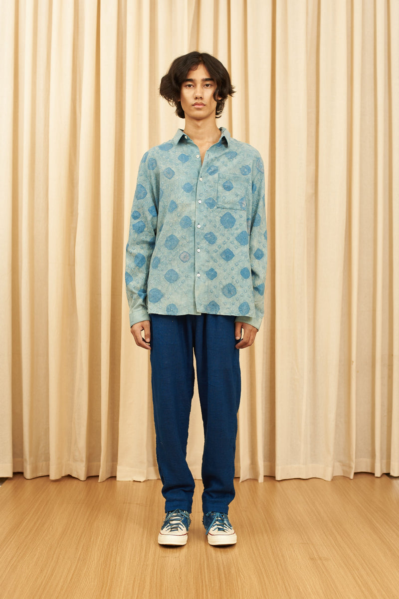 UNGENDERED LIGHT INDIGO ORGANIC COTTON CHECKS SPREAD COLLAR SHIRT AMPLIFIED WITH BANDHANI