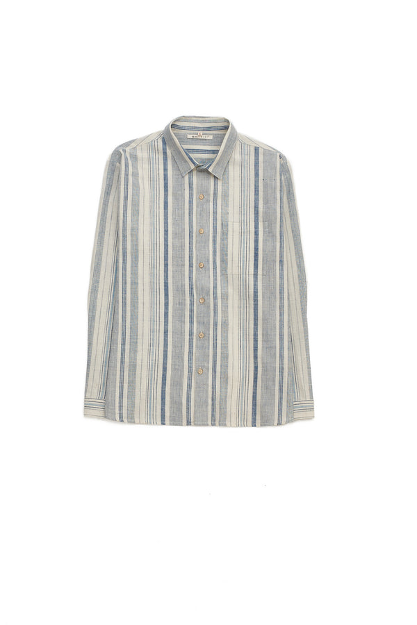 Ungendered Light Indigo Organic Cotton Spread Collar Shirt In Yarn-Dyed Indigo Stripes