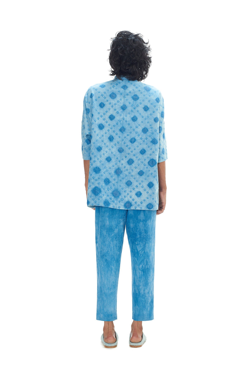 UNGENDERED INDIGO ORGANIC COTTON CHECKS KIMONO SLEEVED SHIRT AMPLIFIED WITH BANDHANI