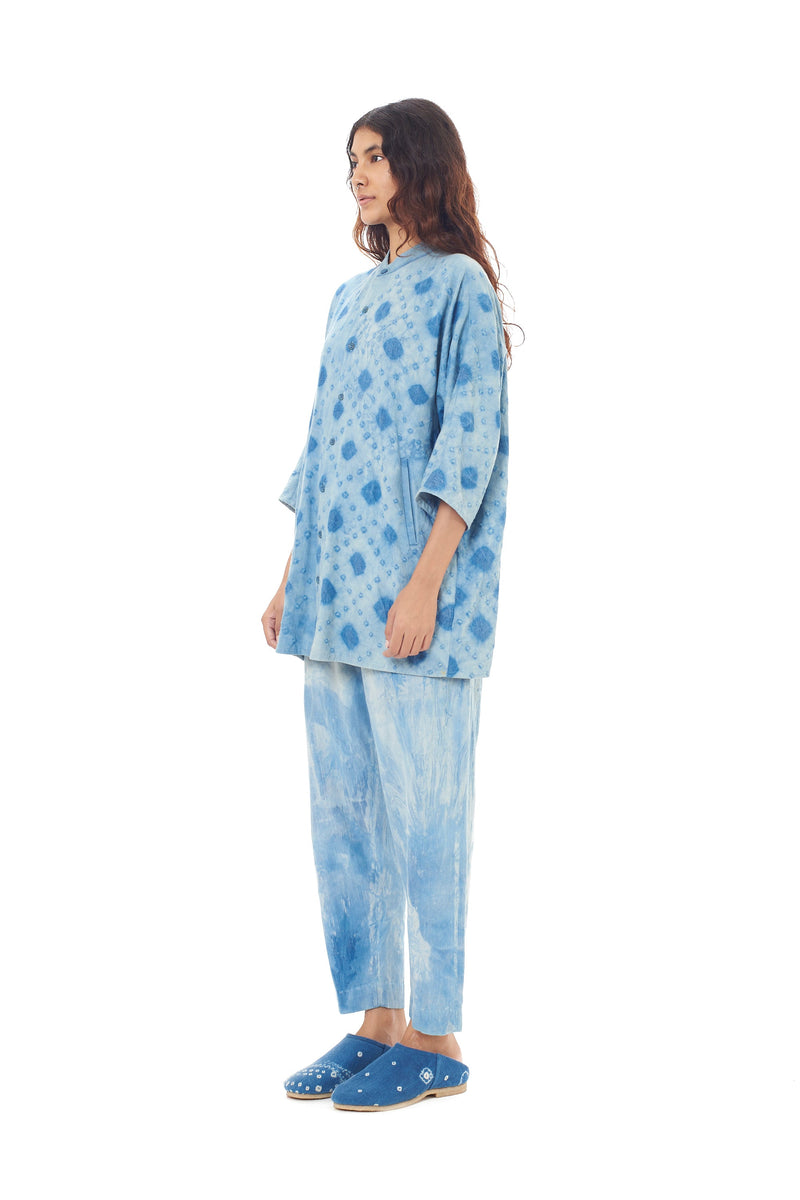 UNGENDERED INDIGO ORGANIC COTTON CHECKS KIMONO SLEEVED SHIRT AMPLIFIED WITH BANDHANI