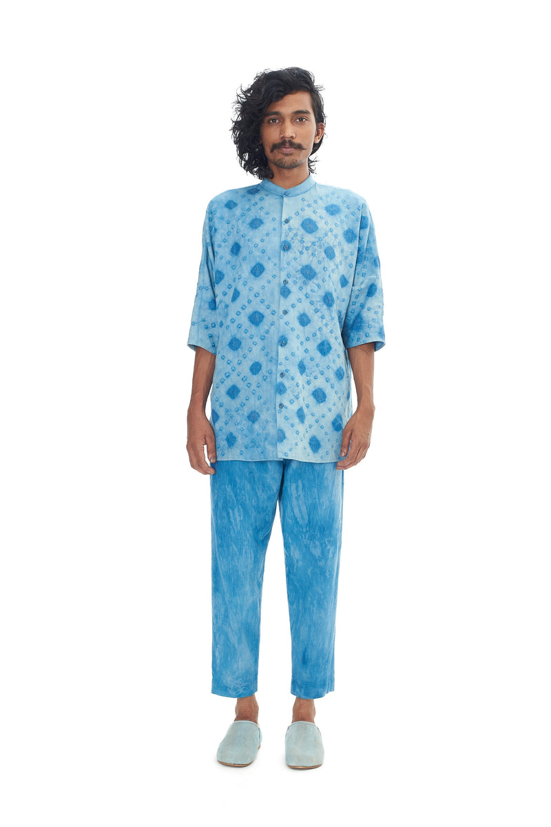 UNGENDERED INDIGO ORGANIC COTTON CHECKS KIMONO SLEEVED SHIRT AMPLIFIED WITH BANDHANI