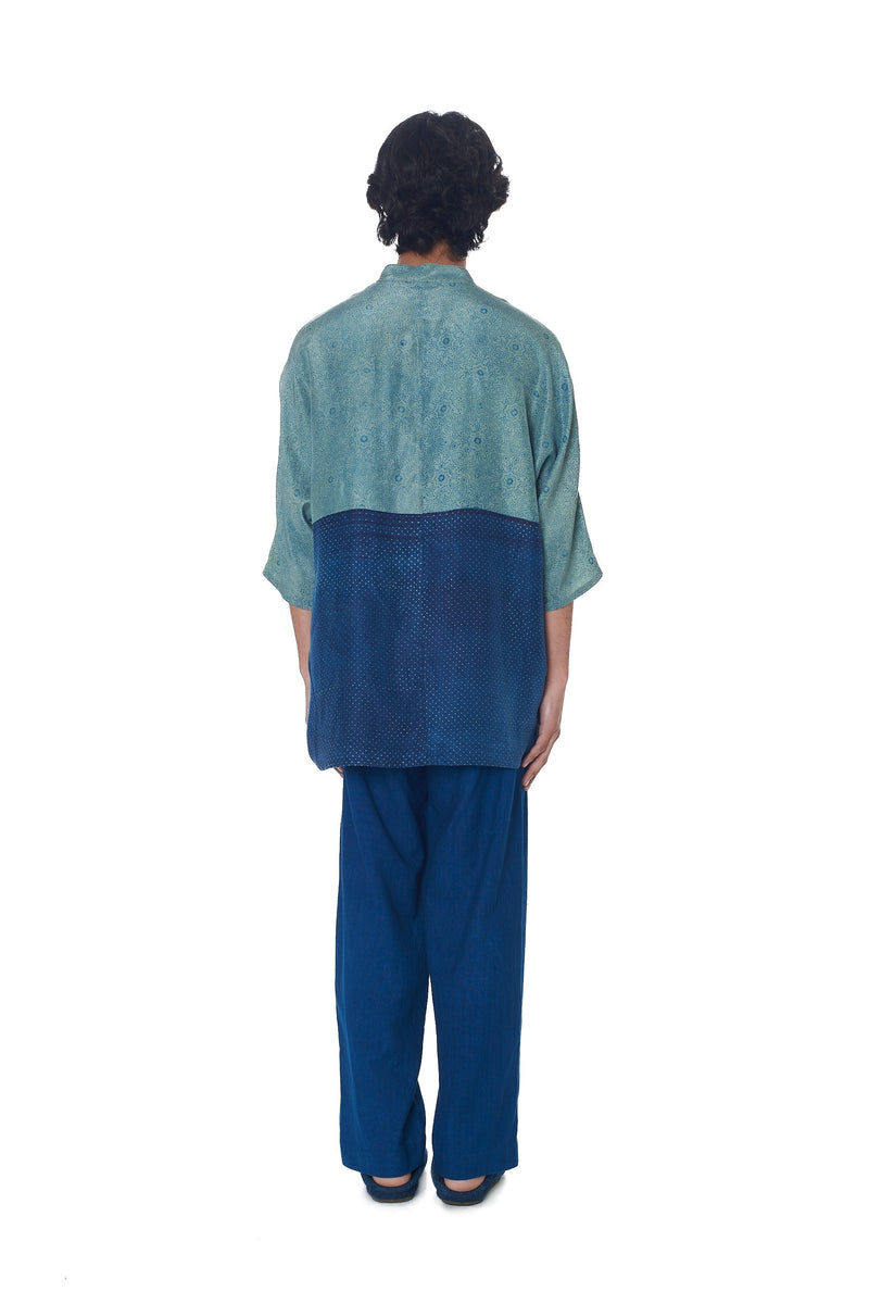 INDIGO BLOCK PRINTED SOFT SILK KIMONO SLEEVE SHIRT
