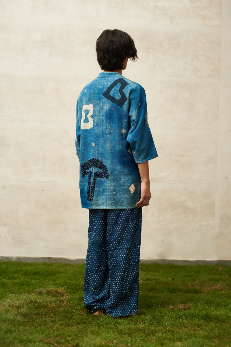 INDIGO STATEMENT PATCHWORK TEXTURED COTTON SHIRT