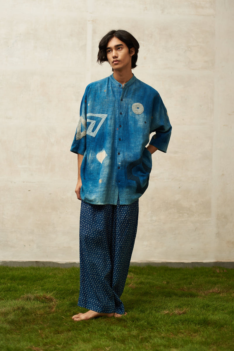 INDIGO STATEMENT PATCHWORK TEXTURED COTTON SHIRT