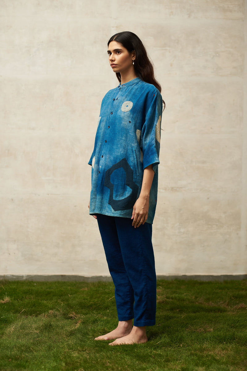 INDIGO STATEMENT PATCHWORK TEXTURED COTTON SHIRT