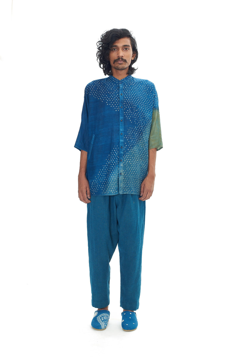 Ungendered Kimono Sleeved Colour Block Summer Shirt Featuring Miniature Bandhani