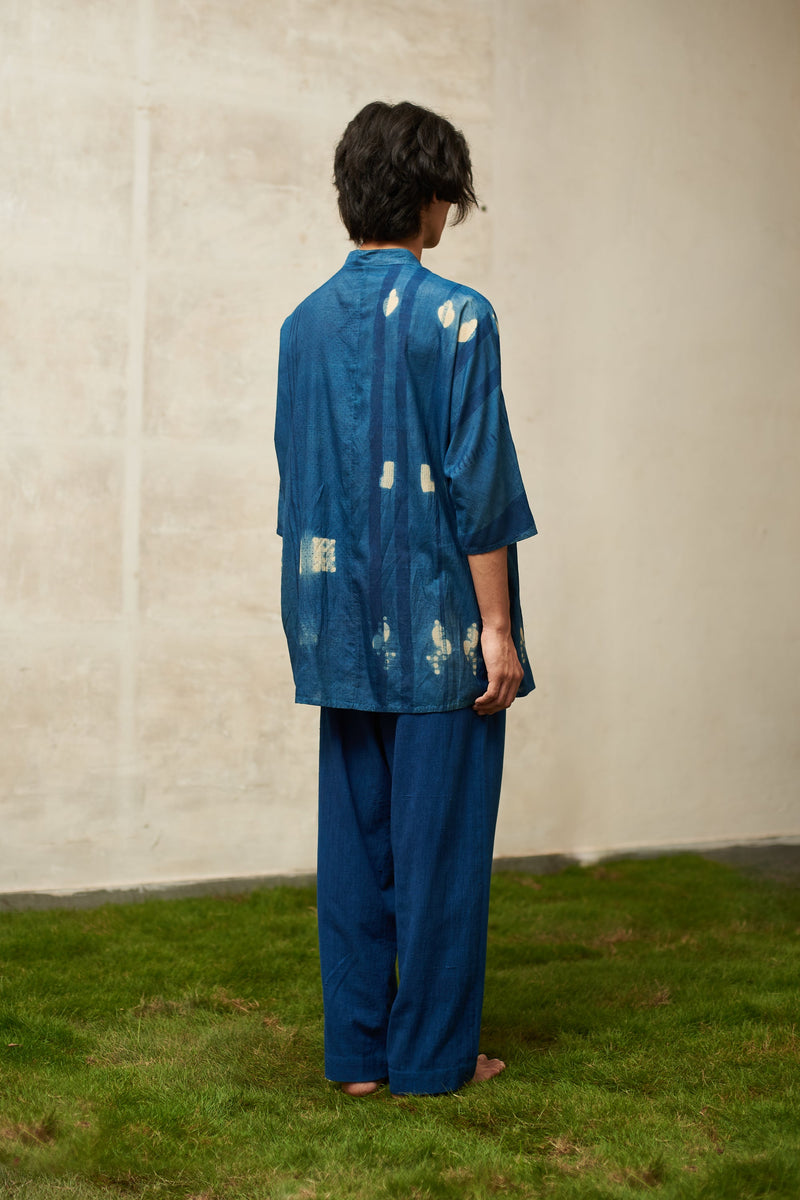 BLOCK PRINT & SHIBORI BAND COLLAR COTTON SILK SHIRT