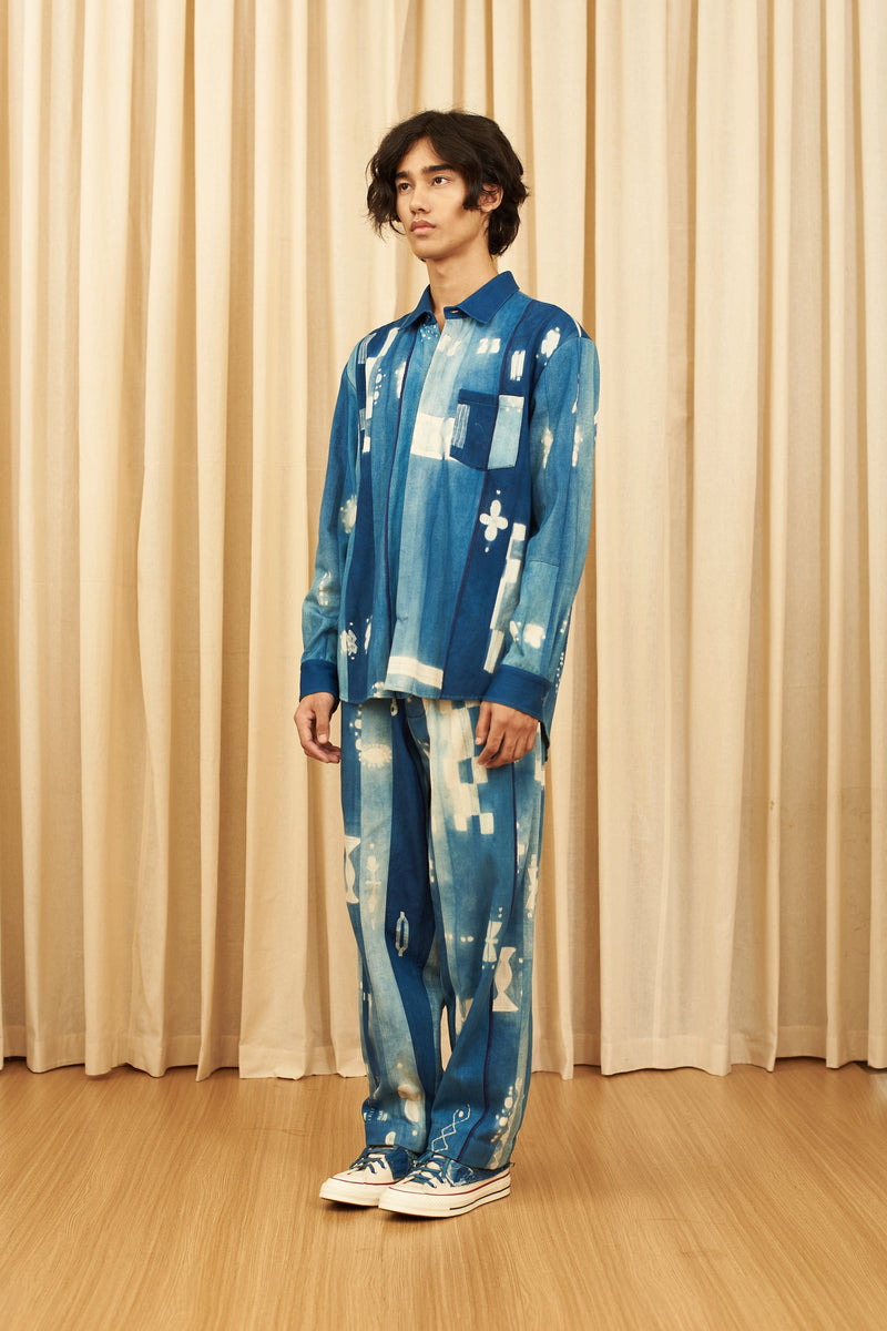 INDIGO PANELLED SHIBORI HANDSPUN DENIM STATEMENT SHIRT