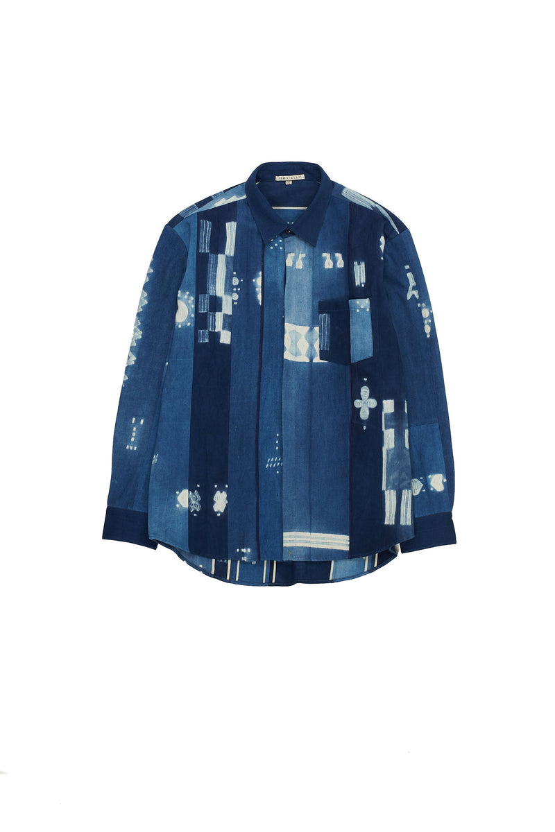 INDIGO PANELLED SHIBORI HANDSPUN DENIM STATEMENT SHIRT