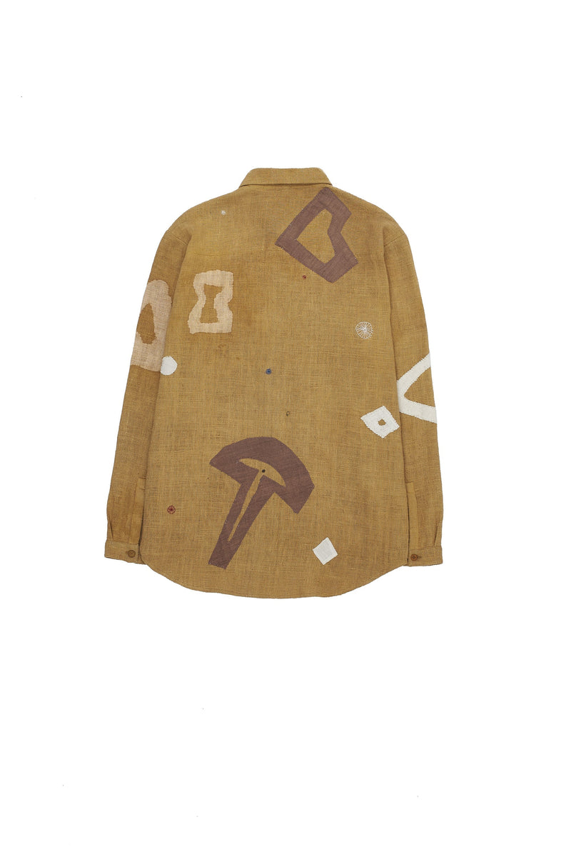 MUSTARD YELLOW STATEMENT PATCHWORK TEXTURED COTTON SHIRT
