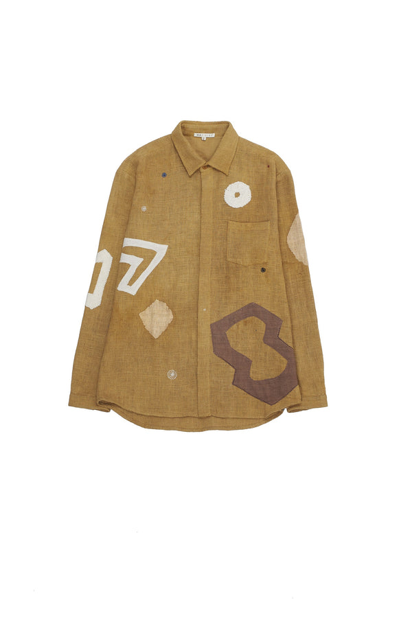 MUSTARD YELLOW STATEMENT PATCHWORK TEXTURED COTTON SHIRT
