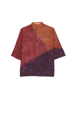 Relaxed Fit Band Collar Colour Block Summer Shirt Featuring Miniature Bandhani