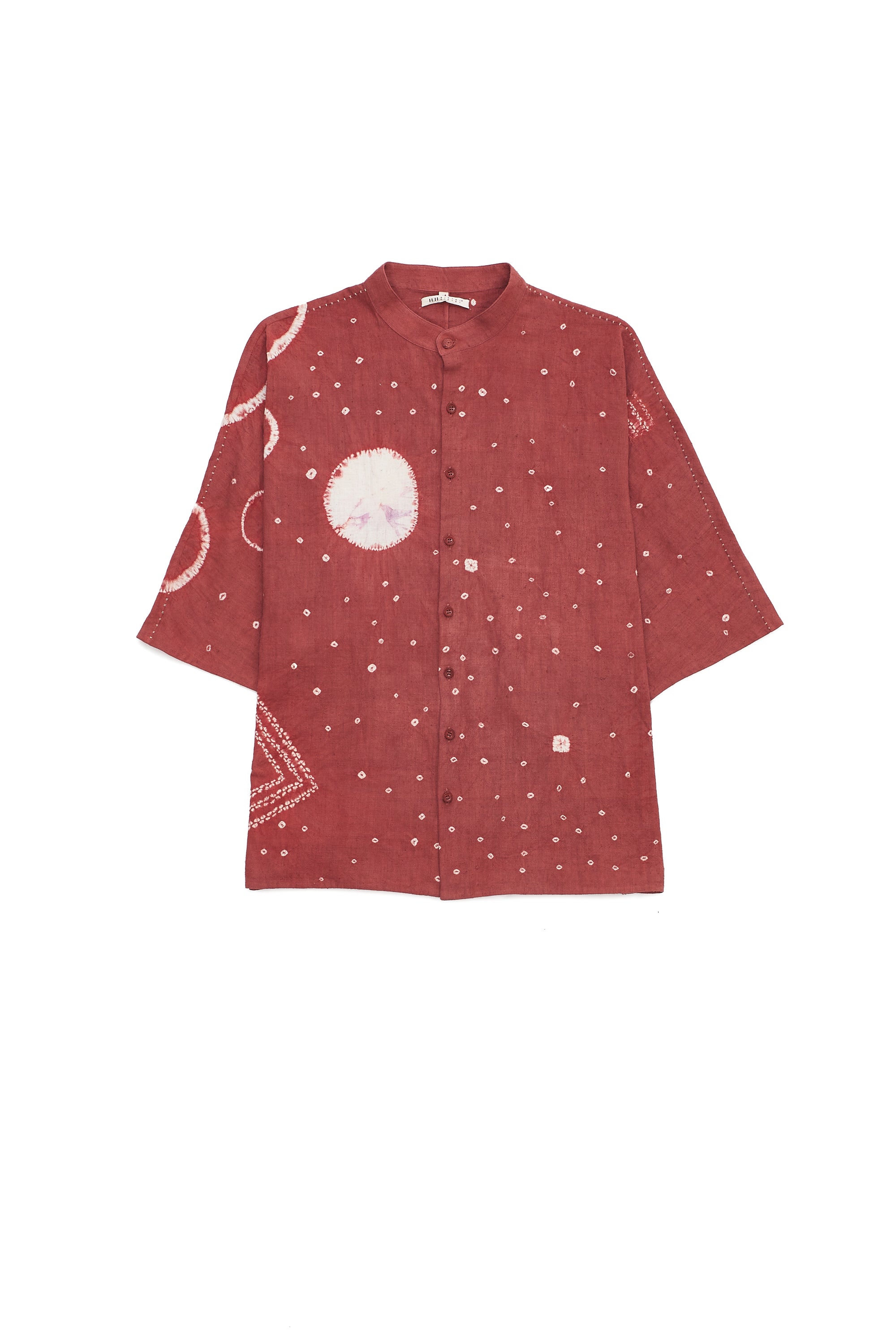 RELAXED FIT BAND COLLAR ORGANIC COTTON SHIRT CRAFTED WITH ALL-OVER SHIBORI MOTIFS