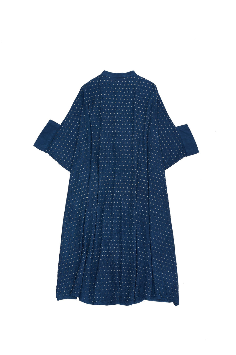INDIGO DRAPE DRESS SPECKLED WITH BANDHANI
