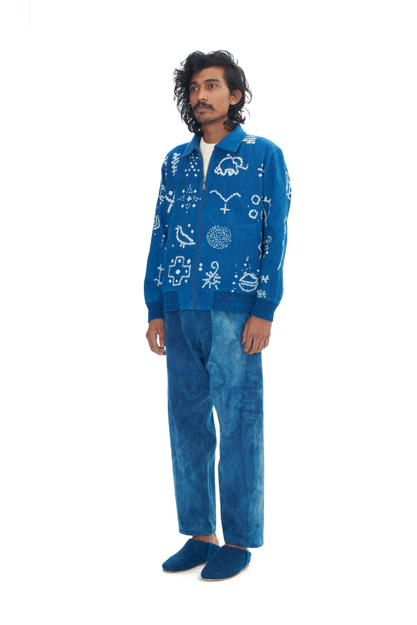 UNGENDERED INDIGO ORGANIC COTTON BOMBER JACKET CRAFTED WITH BANDHANI MOTIFS
