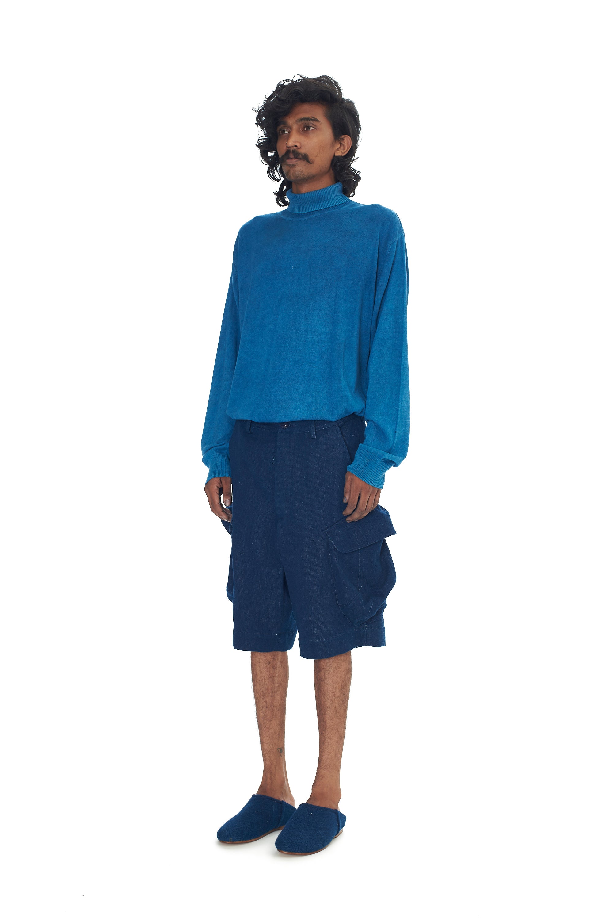 INDIGO TURTLENECK FULL SLEEVED COTTON T-SHIRT