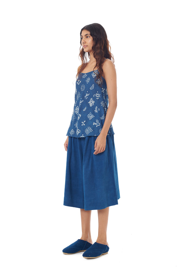 INDIGO STRAPPY SUMMER TOP CRAFTED WITH ALL OVER BANDHANI MOTIFS
