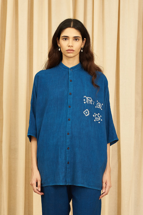 Indigo Kimono Sleeved Organic Cotton Shirt Crafted With Bandhani Motifs