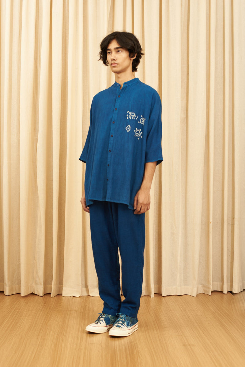 INDIGO ORGANIC COTTON SHIRT WITH BANDHANI MOTIFS