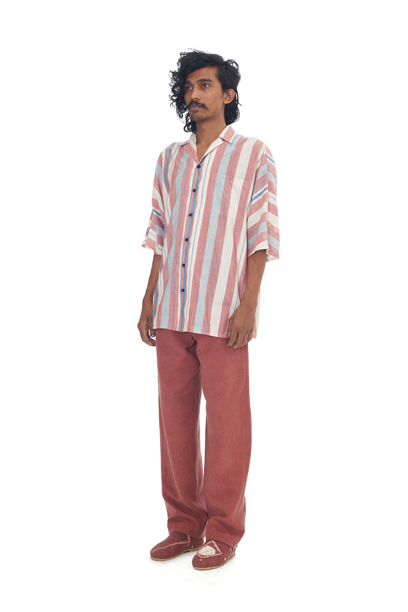 Notch Collar Cotton Silk Multi-Colour Striped Shirt