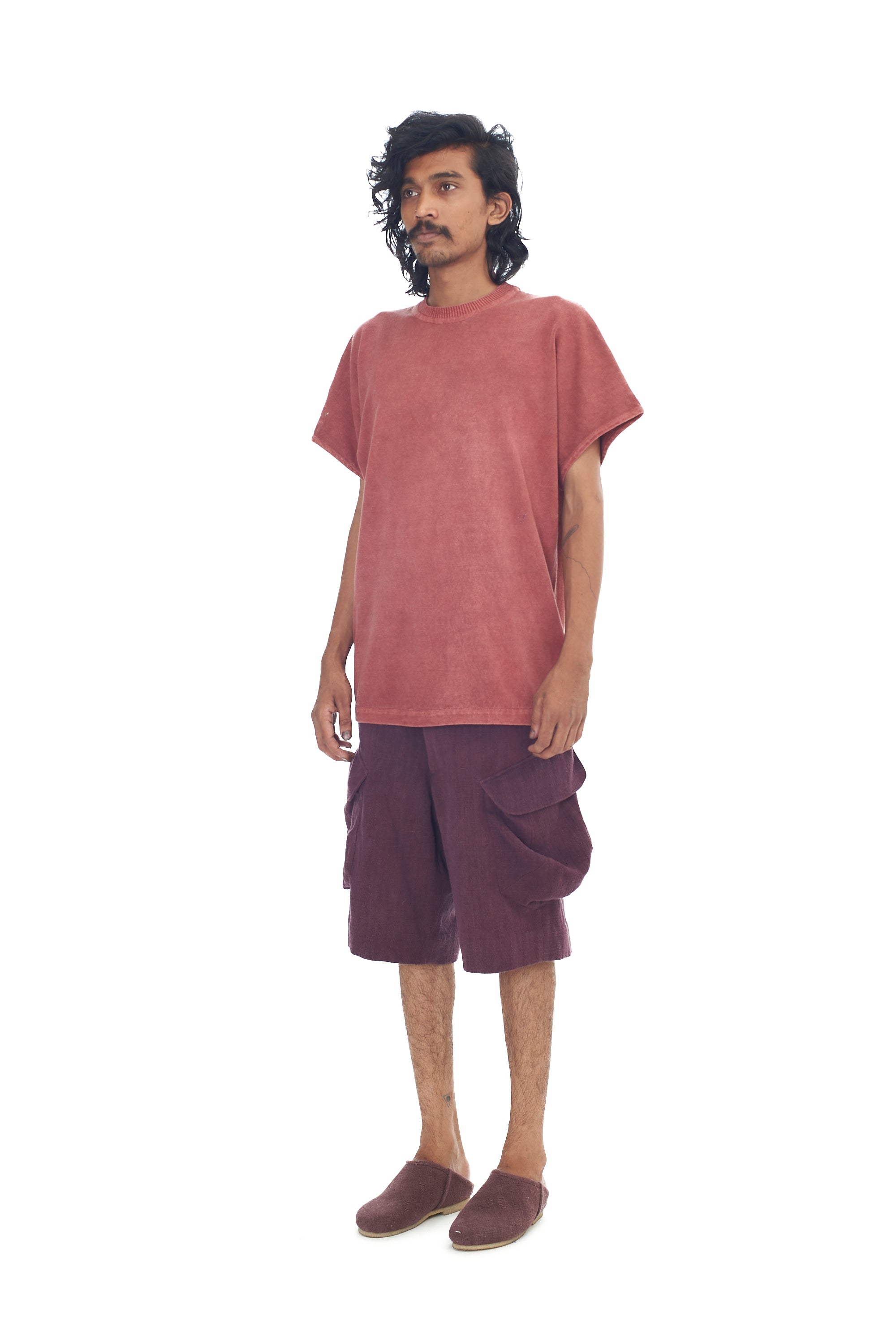 ROUGE PINK COTTON RELAXED FIT KNITTED T-SHIRT WITH HAND EMBROIDERED DETAILS