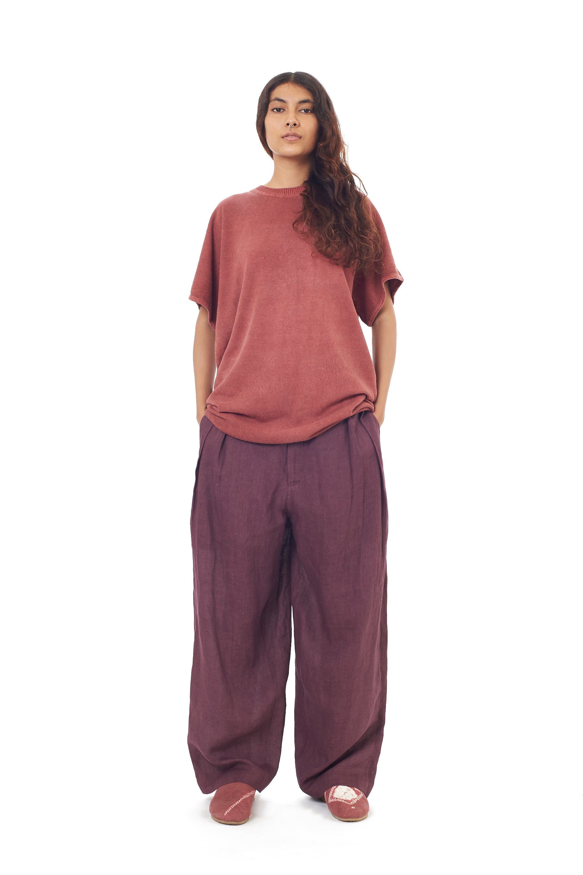 Rogue Pink Organic Cotton Relaxed Fit Knitted T-Shirt With Hand Embroidered Details