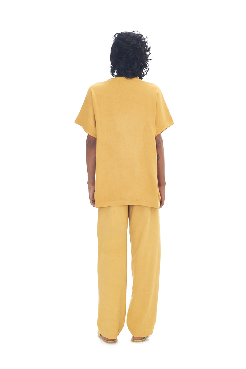 Ochre Yellow Organic Cotton Relaxed Fit Knitted T-Shirt With Hand Embroidered Details