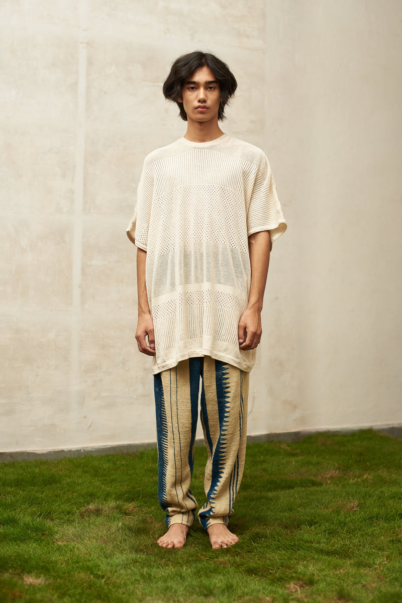 Undyed Cotton Relaxed Fit T-Shirt Knitted With A Pattern