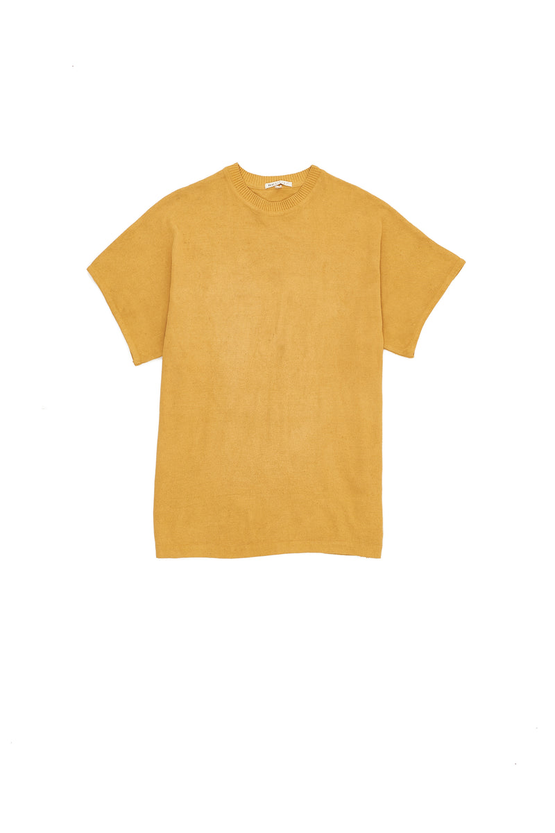 Ochre Yellow Organic Cotton Relaxed Fit Knitted T-Shirt With Hand Embroidered Details