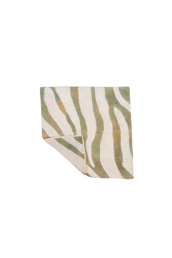 Natural Green Screenprinted Stripes Square Silk Scarf