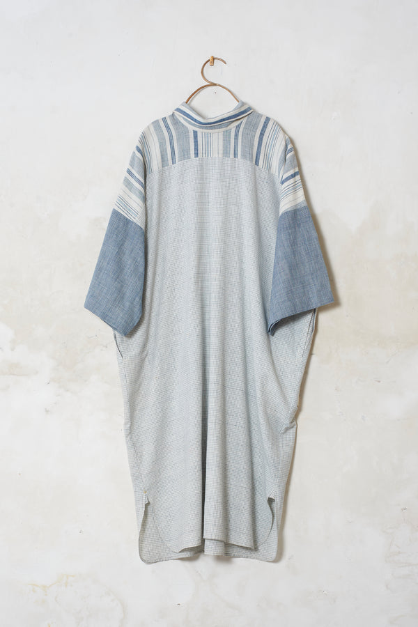 INDIGO ORGANIC COTTON YARN DYED PATCHWORK SCULPTED DRESS