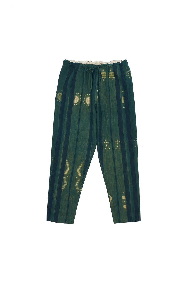 BOTTLE GREEN SHIBORI SOFT COTTON DRAWSTRING PANTS