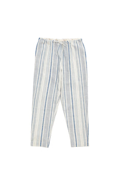 INDIGO STRIPED ORGANIC COTTON DRAWSTRING TAPERED PANTS