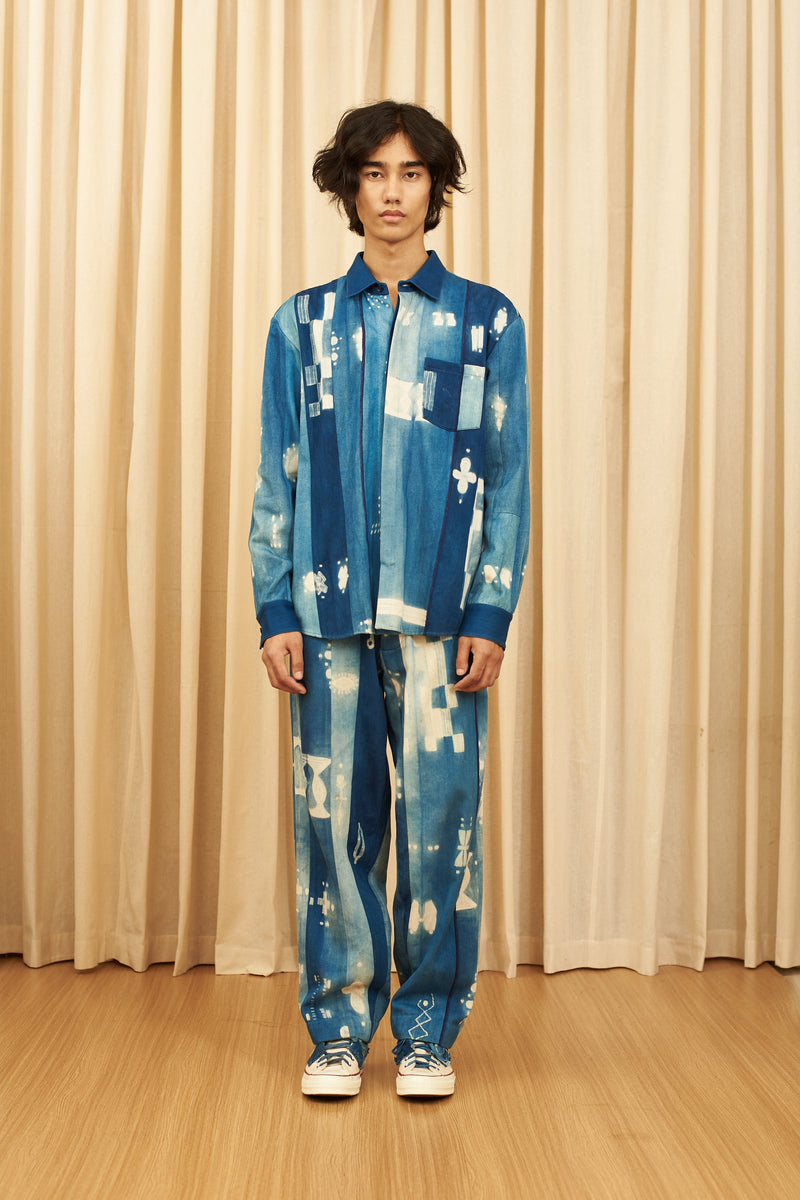 INDIGO PANELLED SHIBORI HANDSPUN SELVEDGE DENIM TROUSER