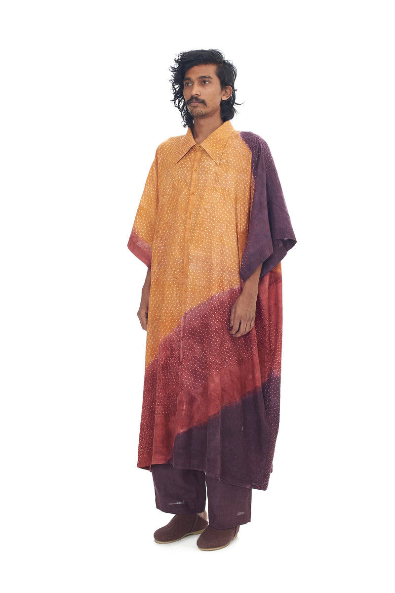 Oversized Colour Block Kaftan Shirt Featuring Miniature Bandhani