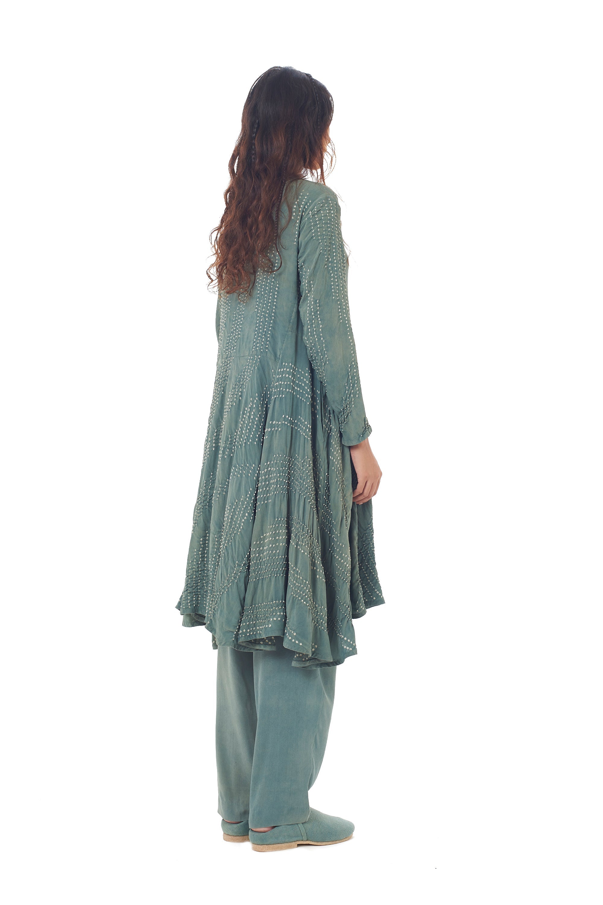 NATURAL GREEN SILK SHIRT FEATURING MINIATURE BANDHANI