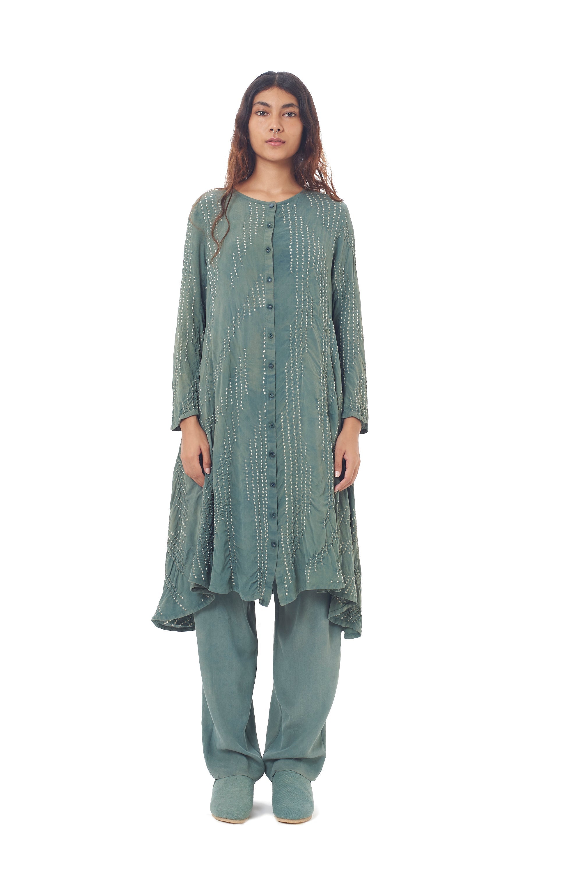 NATURAL GREEN SILK SHIRT FEATURING MINIATURE BANDHANI